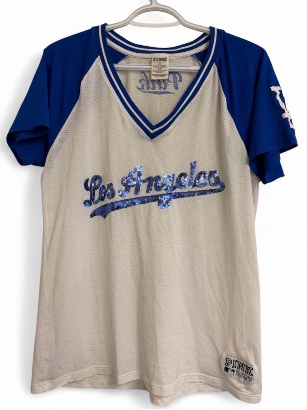 PINK Victoria's Secret Cream and Blue Los Angeles Sequin Baseball Tee